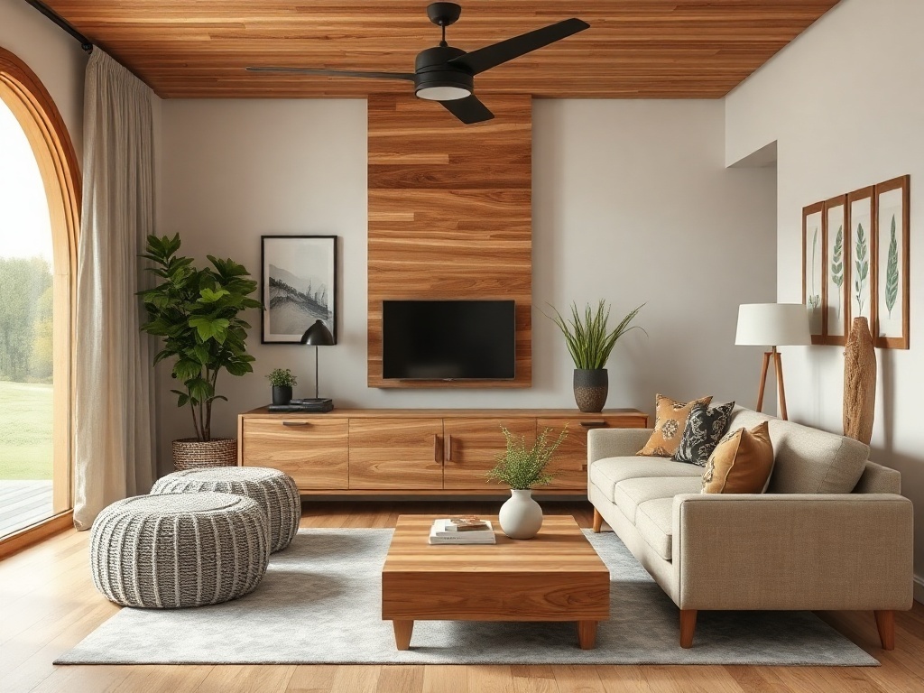 Natural wood accents in a stylish living room, featuring wooden furniture and decor.
