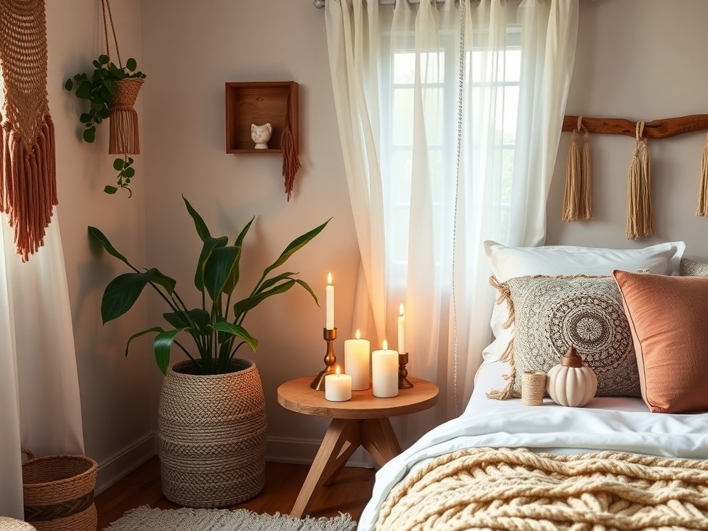 Cozy boho bedroom with candle arrangements on the bed and nightstand