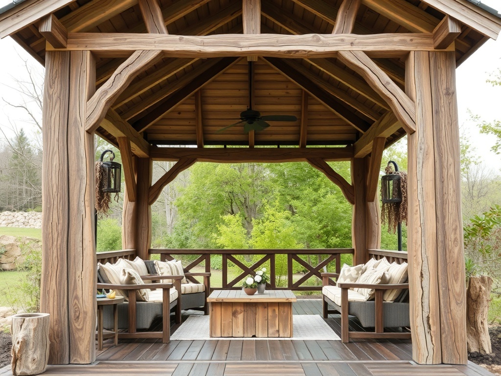 A rustic wooden gazebo featuring natural wooden beams and cozy seating arrangements