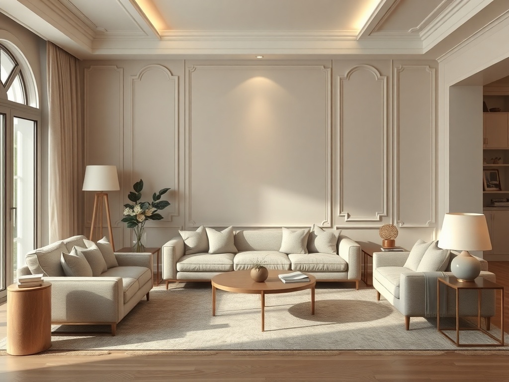 Stylish living room with neutral colors and coordinated decor.