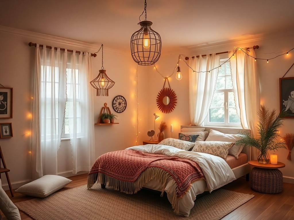 Cozy boho bedroom with warm lighting and textured layers.