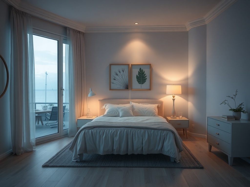 A cozy coastal bedroom with soft ambient lighting, featuring a bed with light bedding and ocean view through large windows.