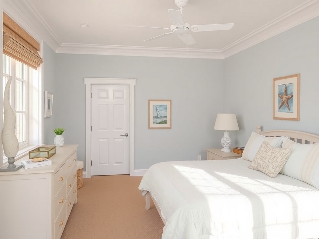 A serene coastal bedroom featuring soft blue walls, light bedding, and nautical-themed artwork.