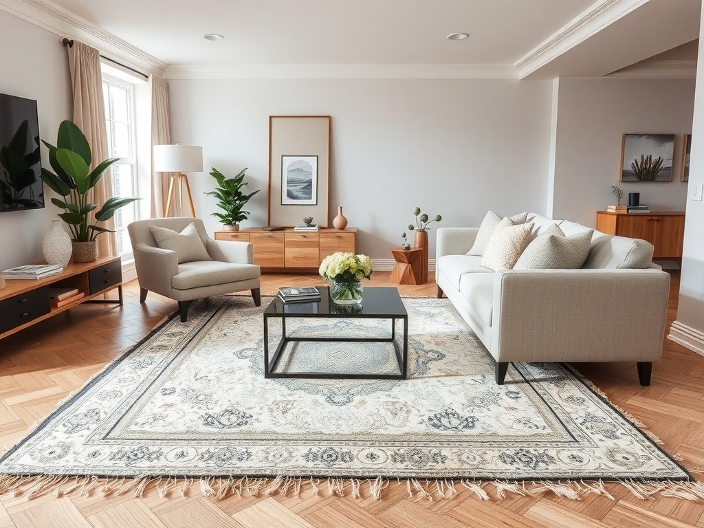 Neutral living room with a stylish area rug, showcasing a cozy ambiance and well-coordinated decor.