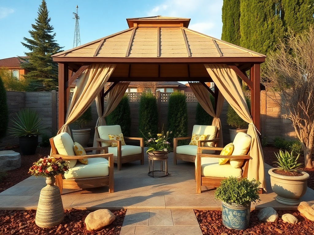 A beautiful gazebo overlooking a water feature with a fountain and surrounding rocks.