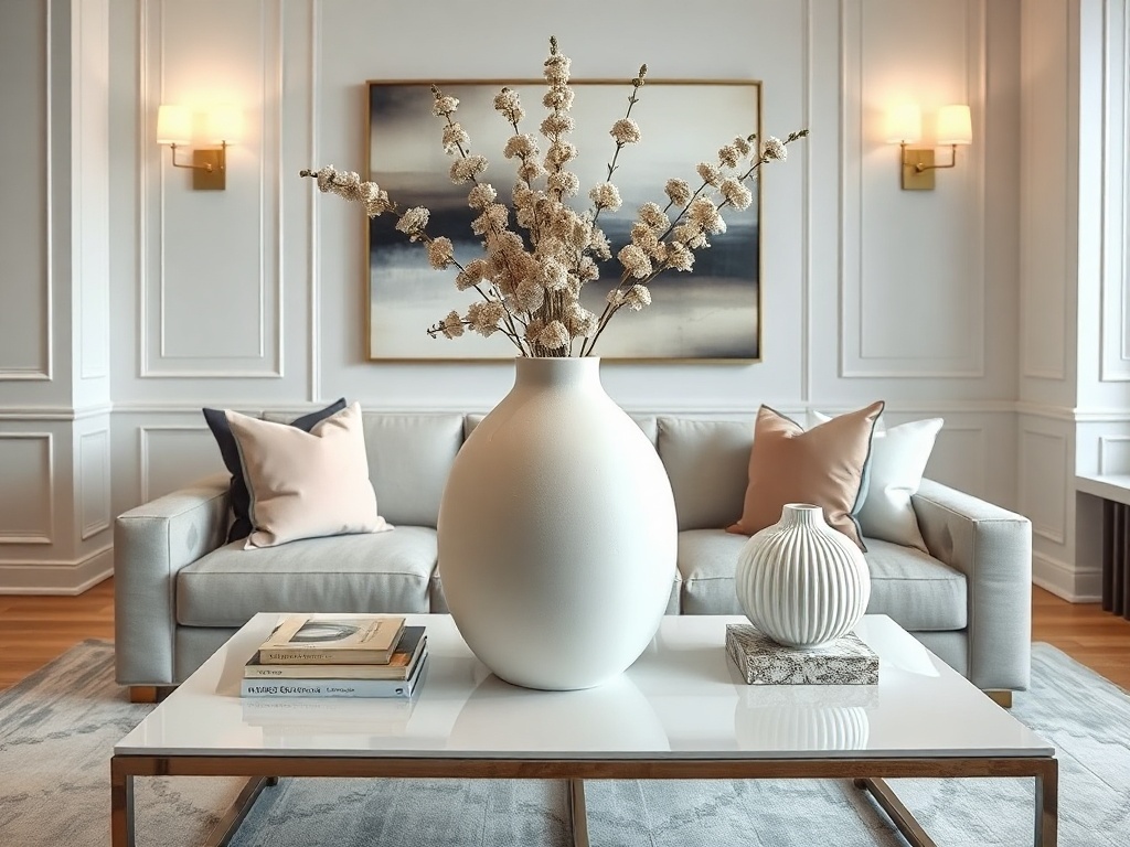 A chic coffee table with vases and books, featuring a cozy living room setup.