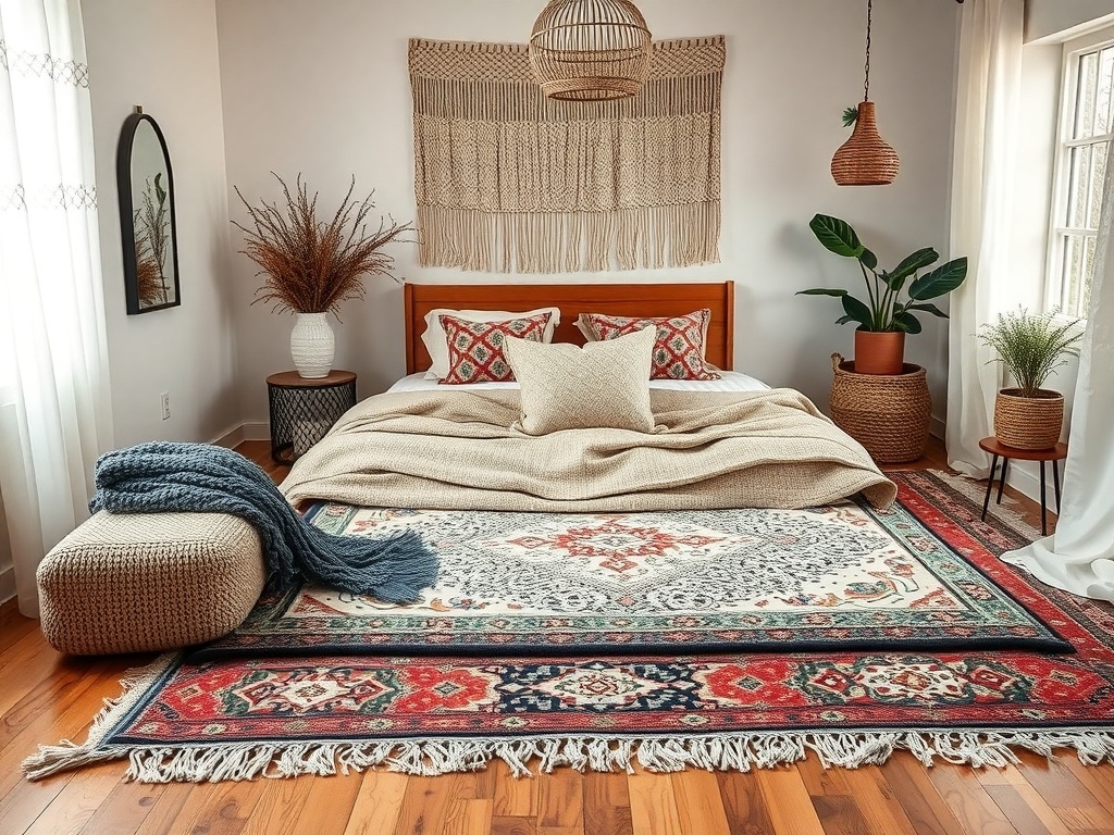 Cozy boho bedroom featuring layered rugs, warm lighting, and textured decor.