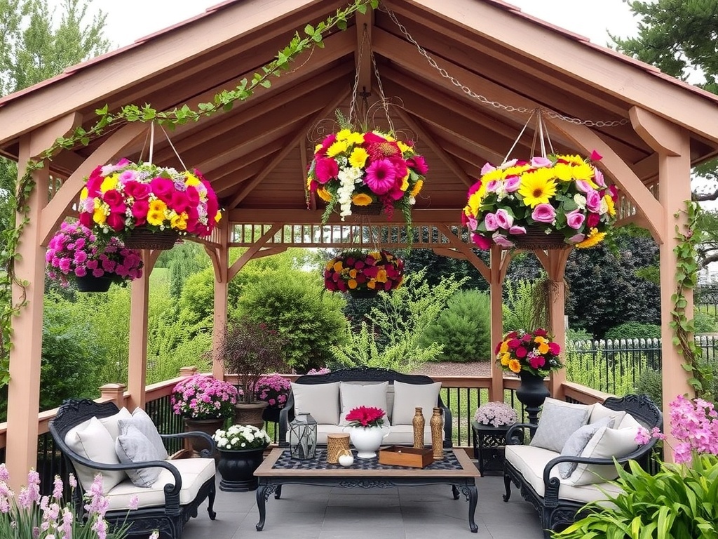 A gazebo adorned with vibrant floral arrangements in hanging baskets and bouquets.