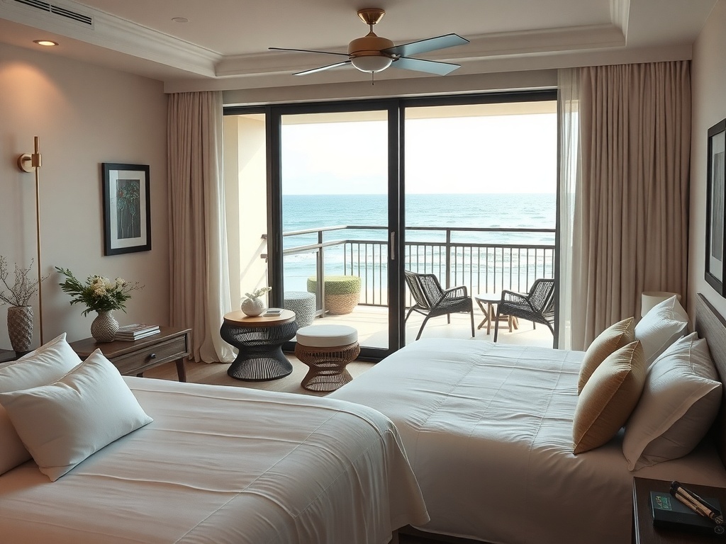 A luxurious coastal bedroom with a balcony overlooking the sea.