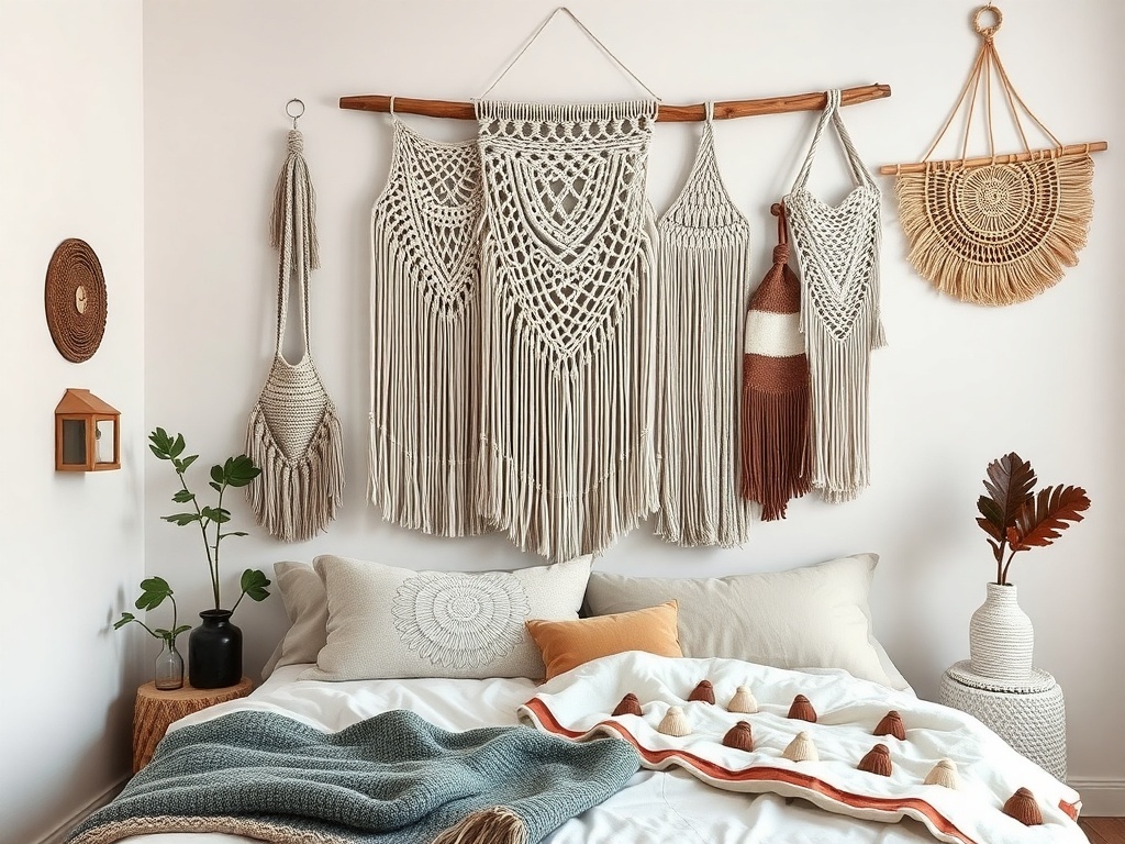 A cozy boho bedroom featuring textured wall art, including macramé hangings and woven pieces.