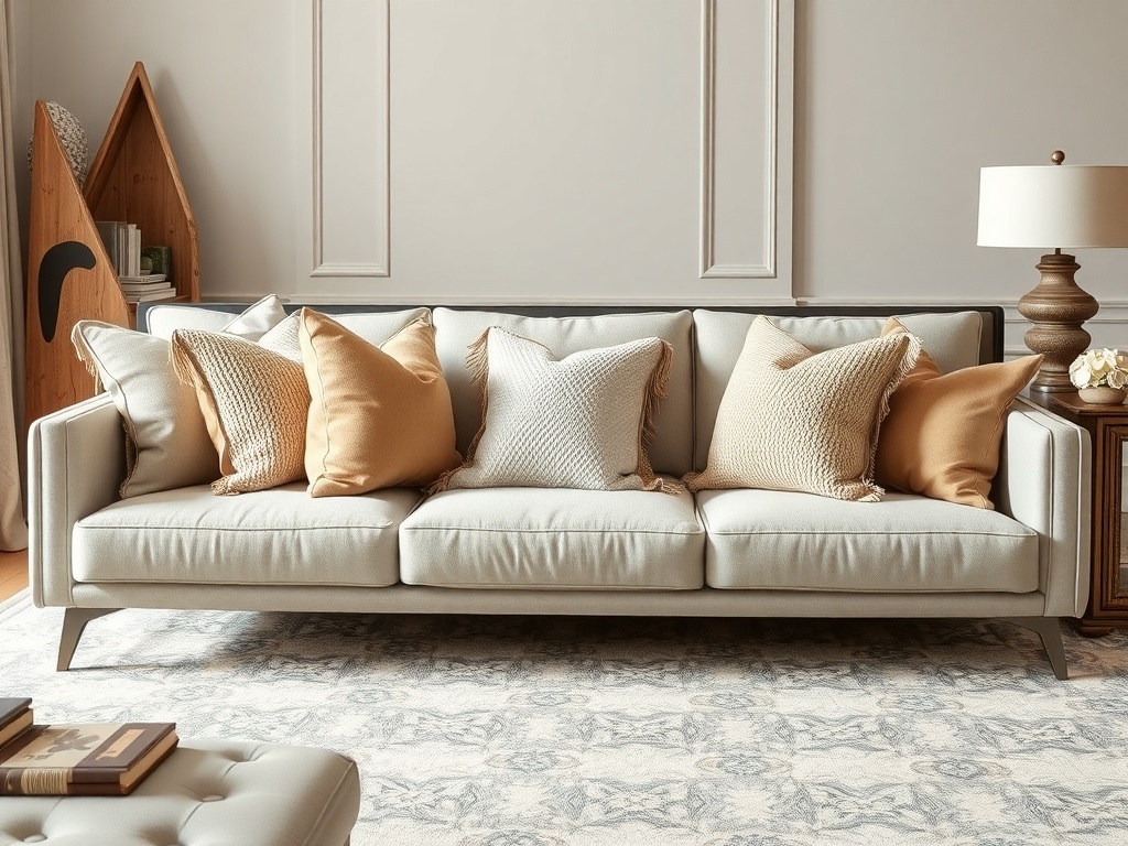 A couch with soft textured throw pillows in various colors and shapes.