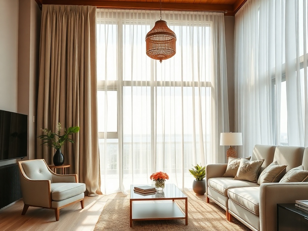 A bright living room with sheer curtains, a comfortable sofa, and stylish decor.