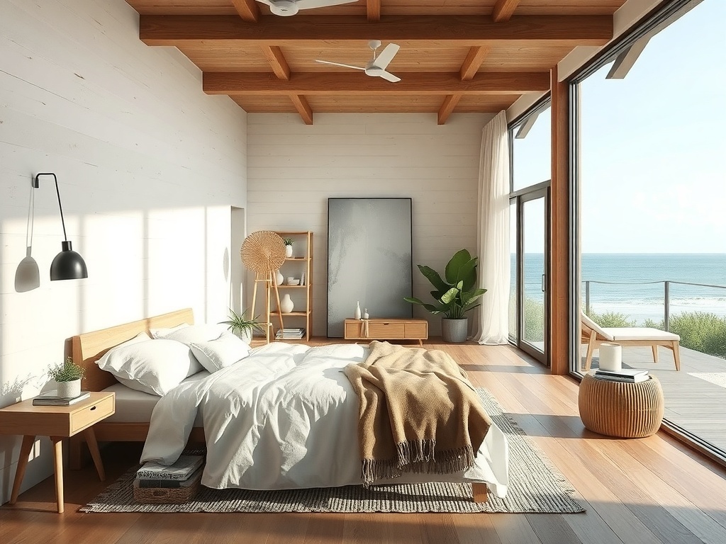 A bright and airy coastal bedroom featuring wooden accents and a beachfront view.