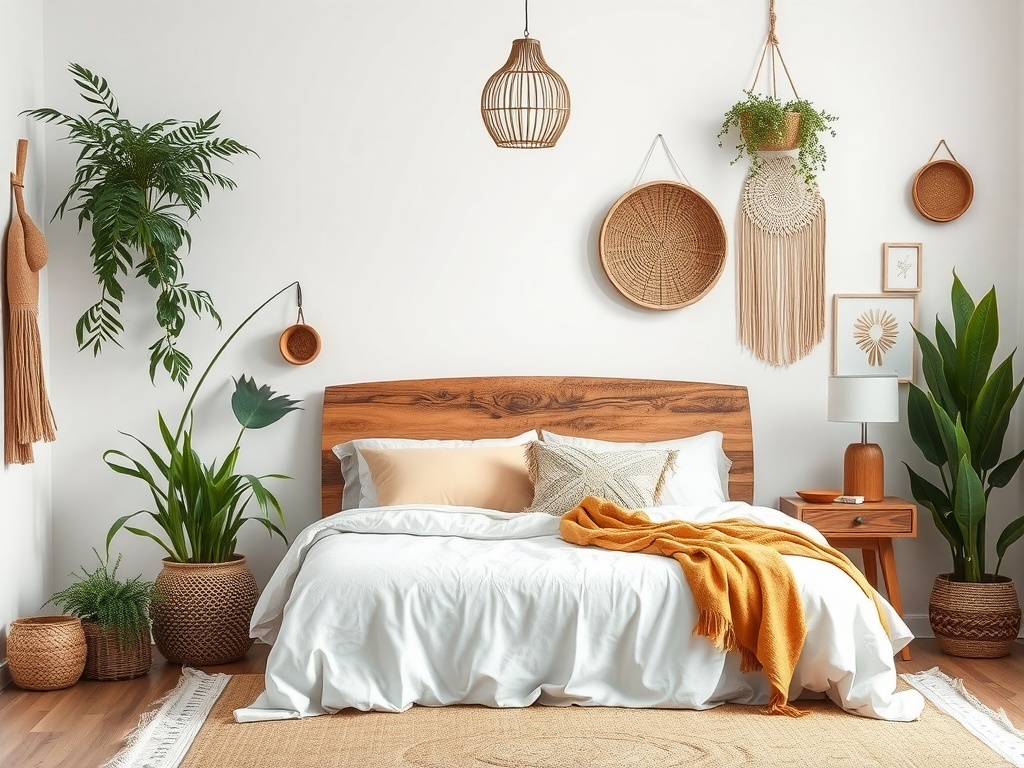 Cozy boho bedroom decor with natural elements like plants and woven baskets.