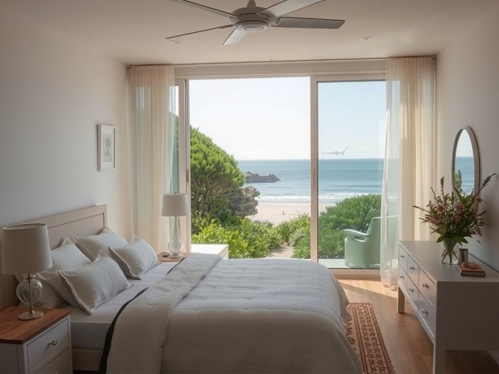 A luxurious beachfront bedroom with a view of the ocean.